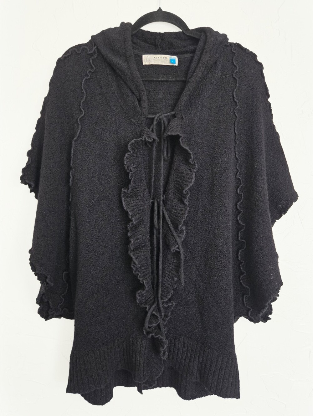 Anthro Sparrow Tied Curly Ruffle Black Hooded Poncho Sweater, L